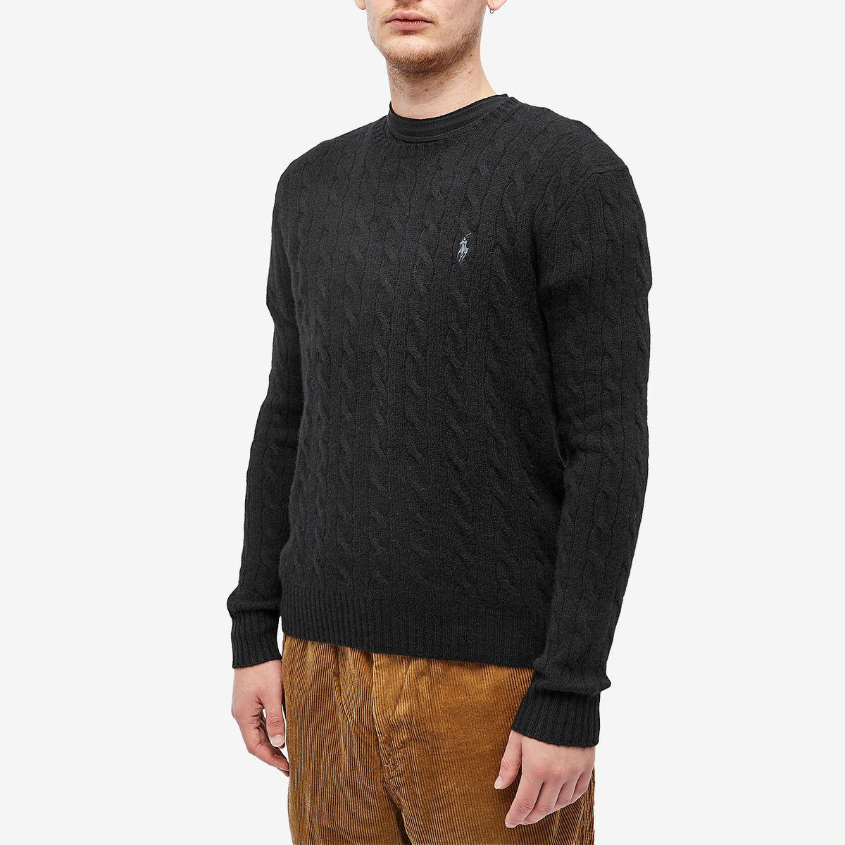 Polo Ralph Lauren Fine Cable Crewneck Sweater — Polo Black — styled view
