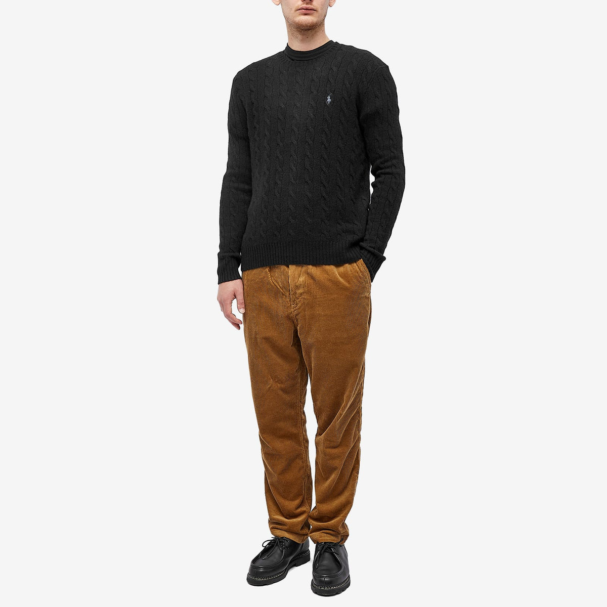Polo Ralph Lauren Fine Cable Crewneck Sweater — Polo Black — styled view