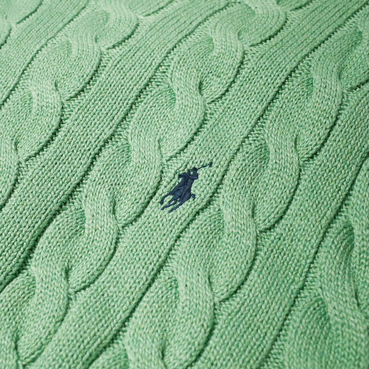 Polo Ralph Lauren Cable Crewneck Sweater — Field Green Heather — logo detail