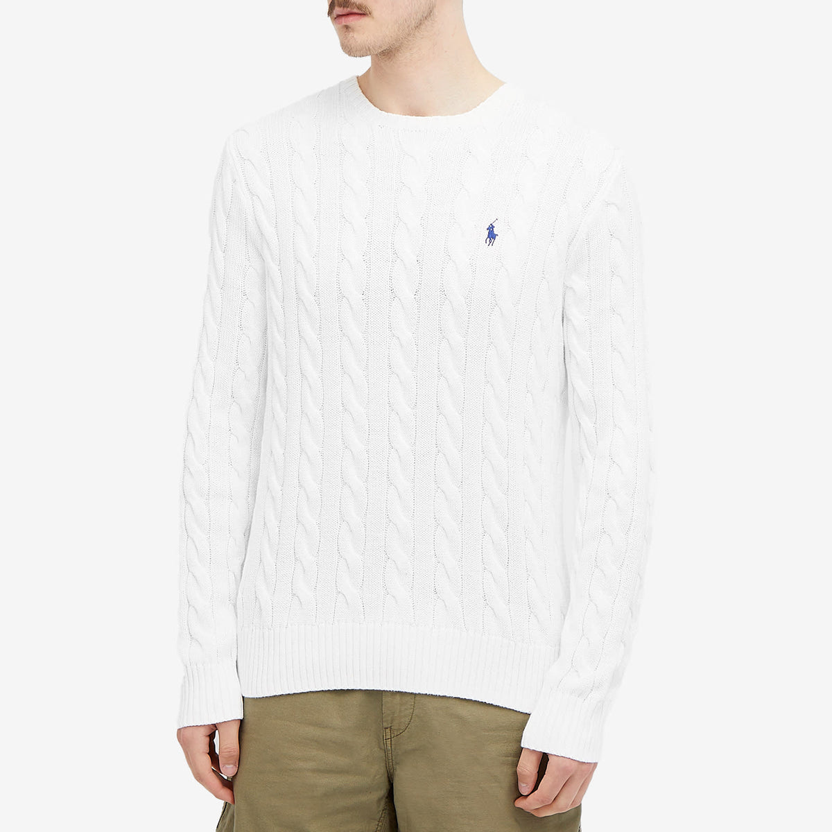 Polo Ralph Lauren Cable Crewneck Sweater — White — styled view