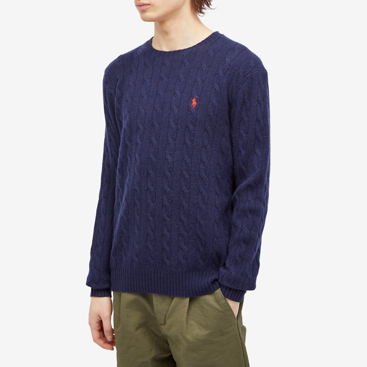 Polo Ralph Lauren Fine Cable Crewneck Sweater — Hunter Navy — styled view