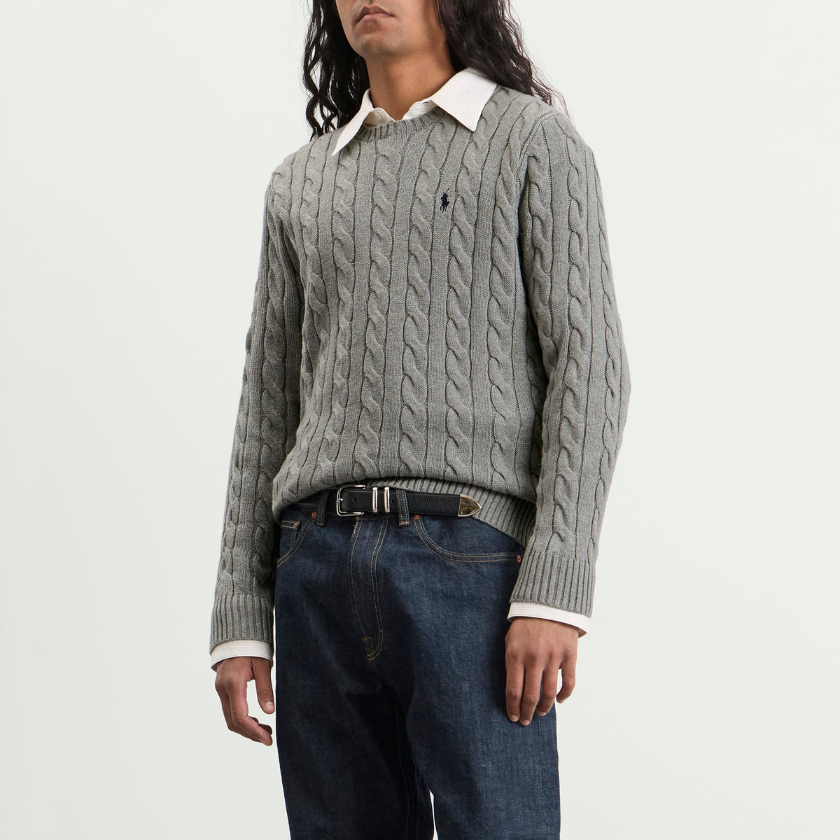 Polo Ralph Lauren Cable Sweater — Fawn Grey Heather — styled view