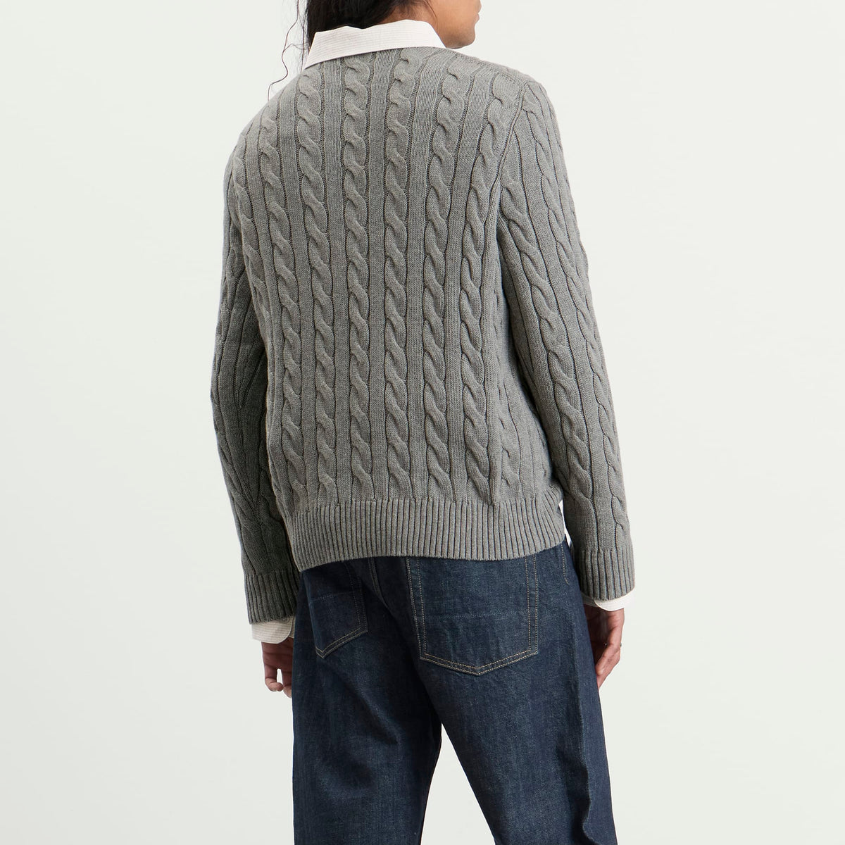 Polo Ralph Lauren Cable Sweater — Fawn Grey Heather — back styled view