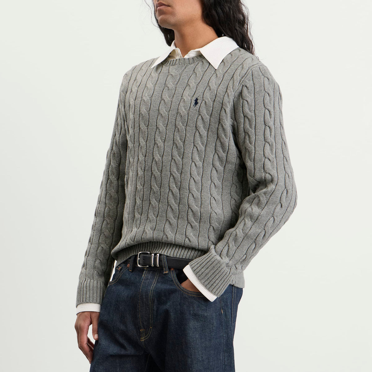 Polo Ralph Lauren Cable Sweater — Fawn Grey Heather — styled view