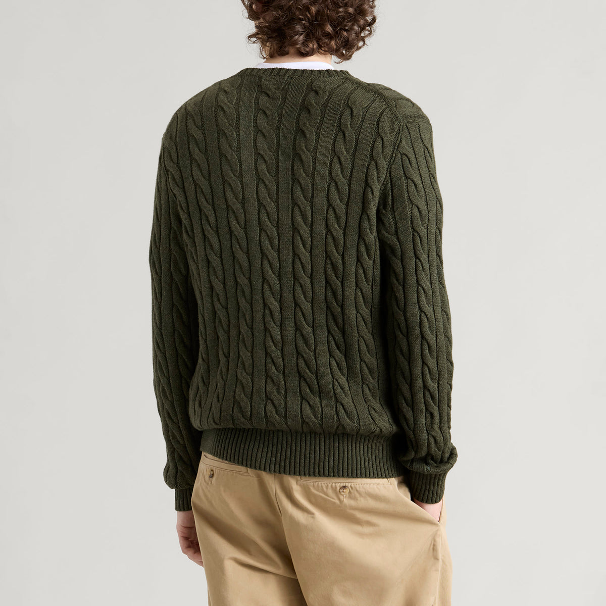 Polo Ralph Lauren Cable Sweater — Olive Shrub Heather — back styled view