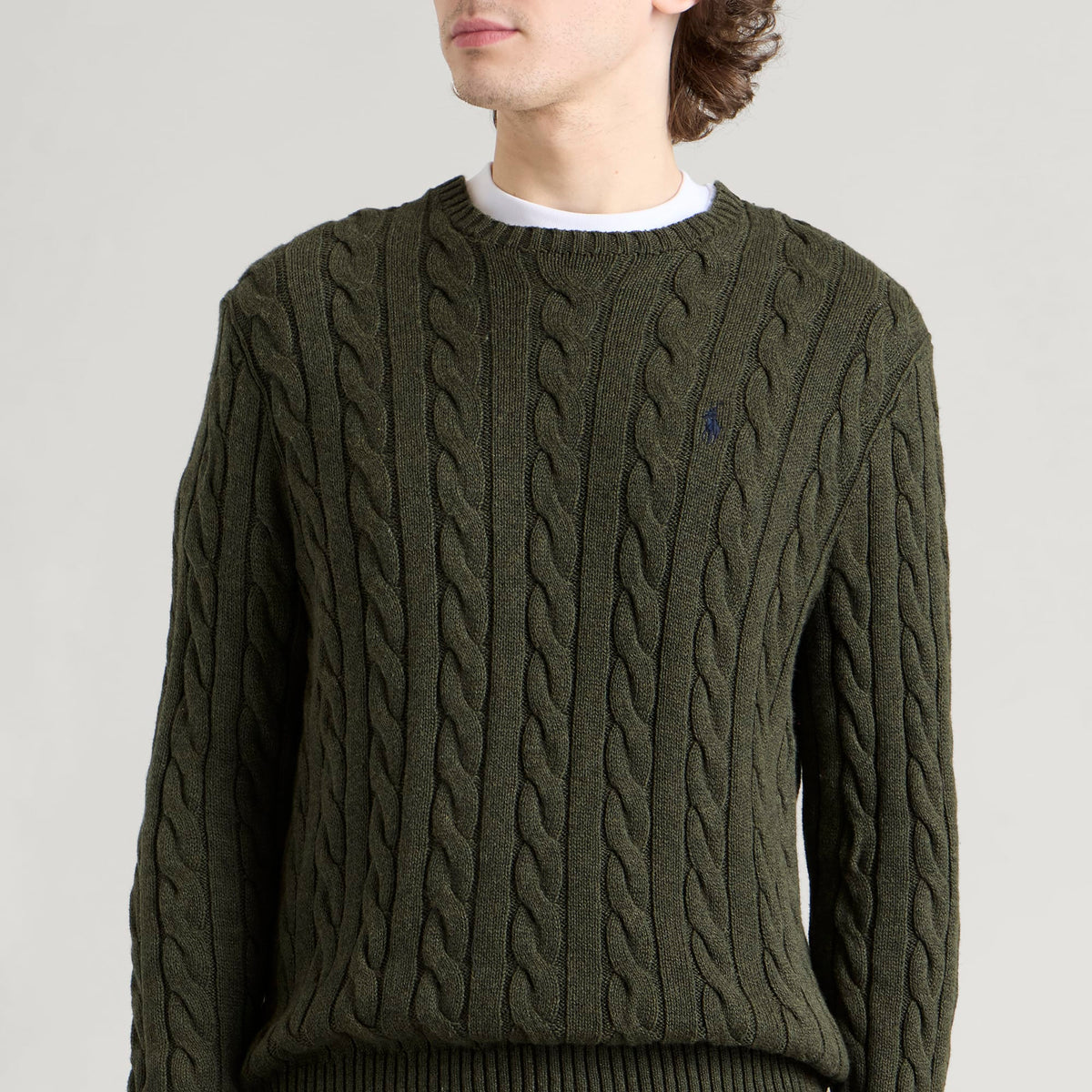 Polo Ralph Lauren Cable Sweater — Olive Shrub Heather — styled view