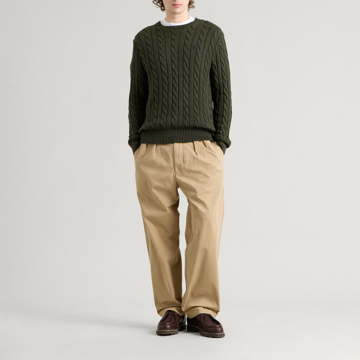 Polo Ralph Lauren Cable Sweater — Olive Shrub Heather — styled view