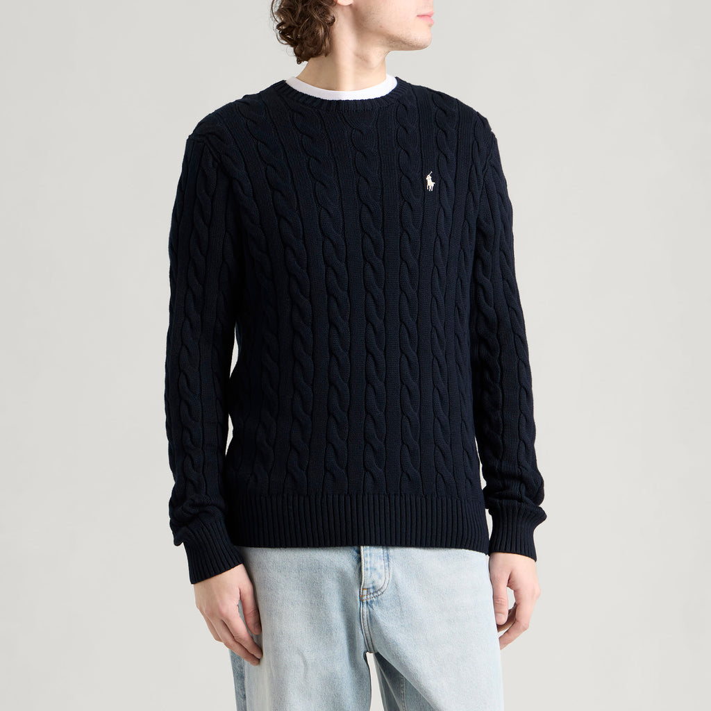 Polo Ralph Lauren Cable Sweater — Hunter Navy/White — styled view