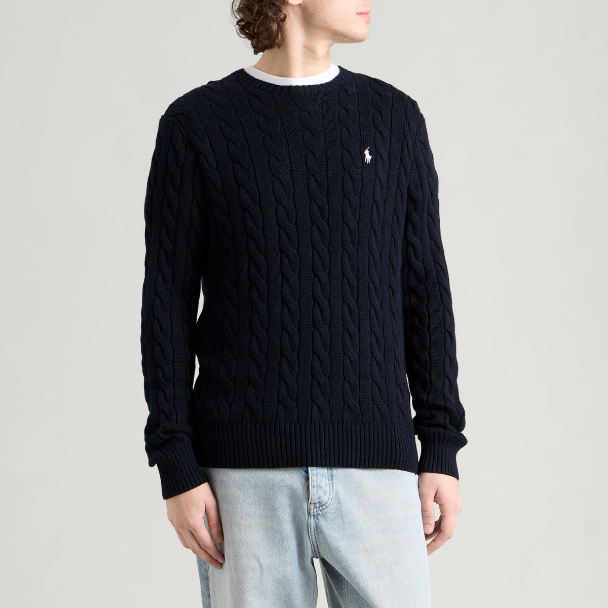 Polo Ralph Lauren Cable Sweater — Hunter Navy/White — styled view