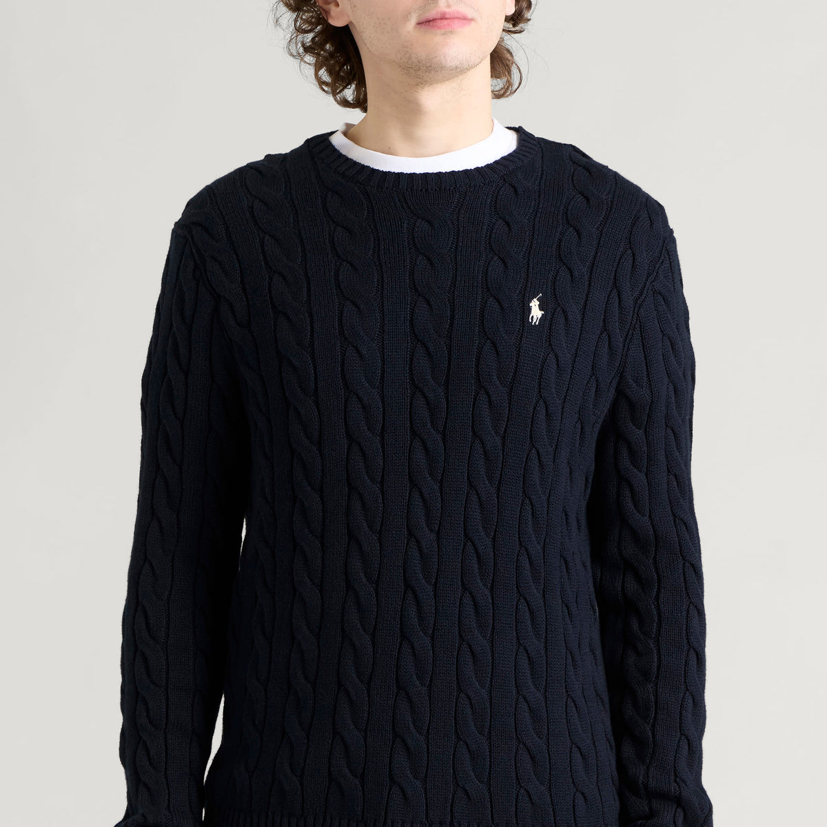 Polo Ralph Lauren Cable Sweater — Hunter Navy/White — styled view