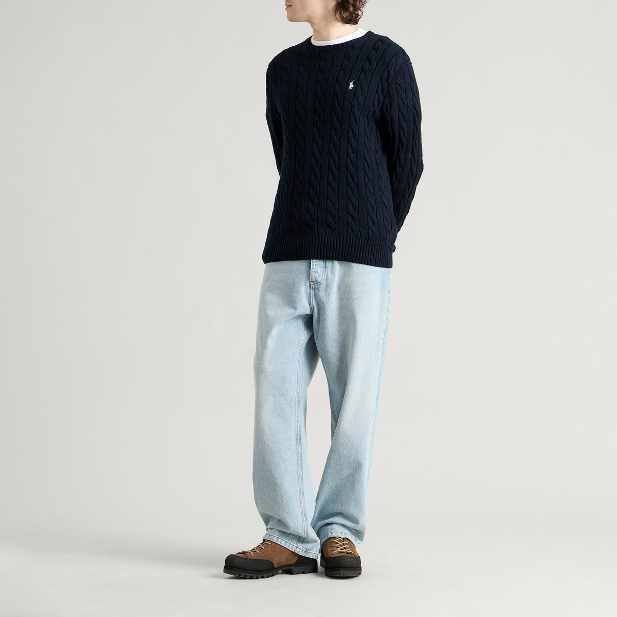 Polo Ralph Lauren Cable Sweater — Hunter Navy/White — styled view
