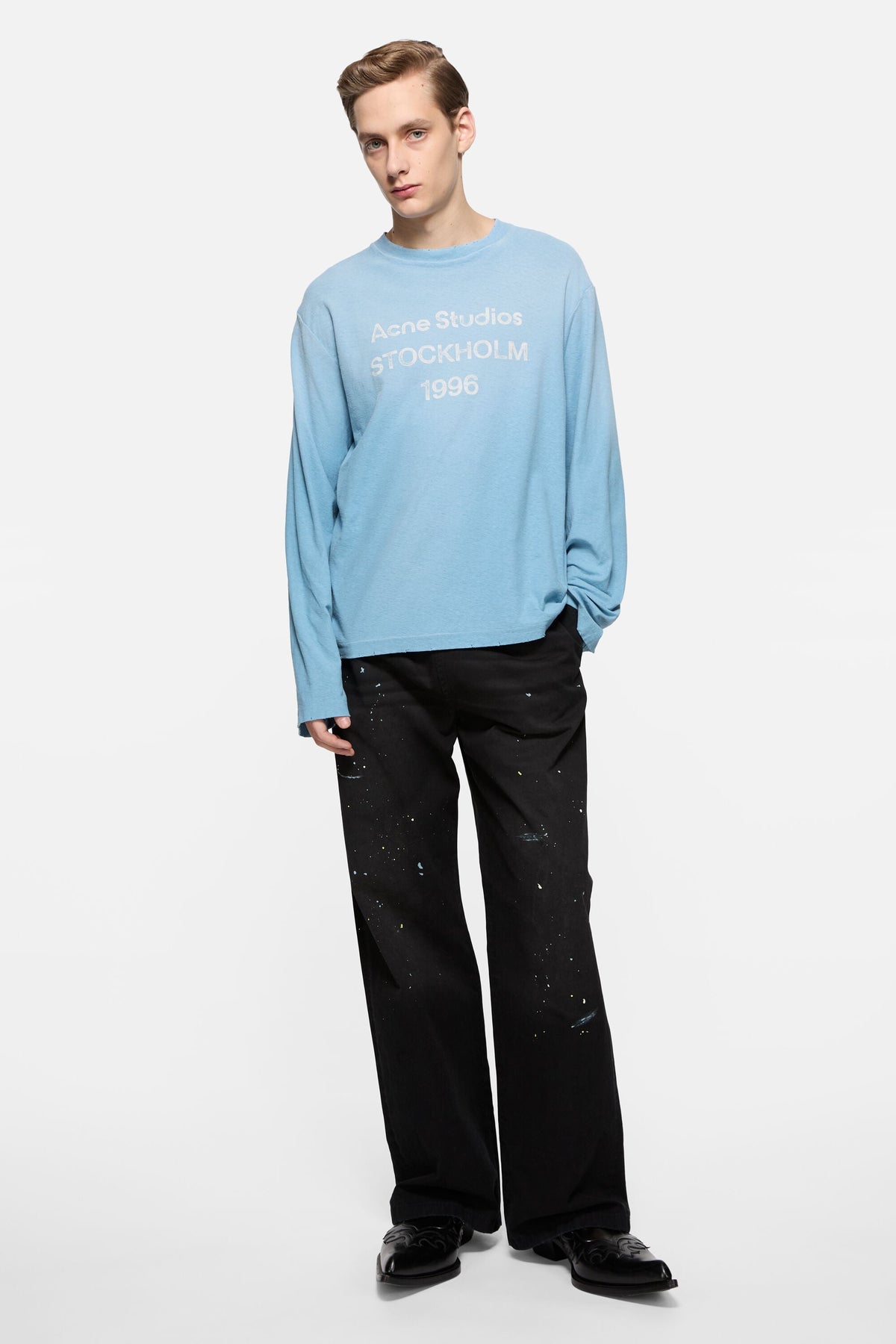ACNE STUDIOS STOCKHOLM 1996 LONG-SLEEVE T-SHIRT — CORNFLOWER BLUE — styled view