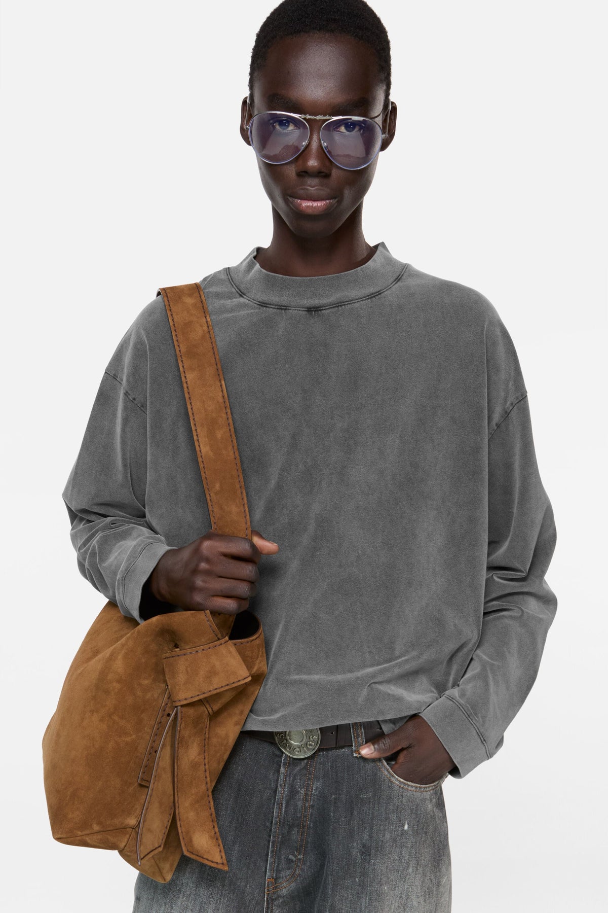 ACNE STUDIOS RUBBER LOGO LONG-SLEEVE T-SHIRT — FADED BLACK — styled view