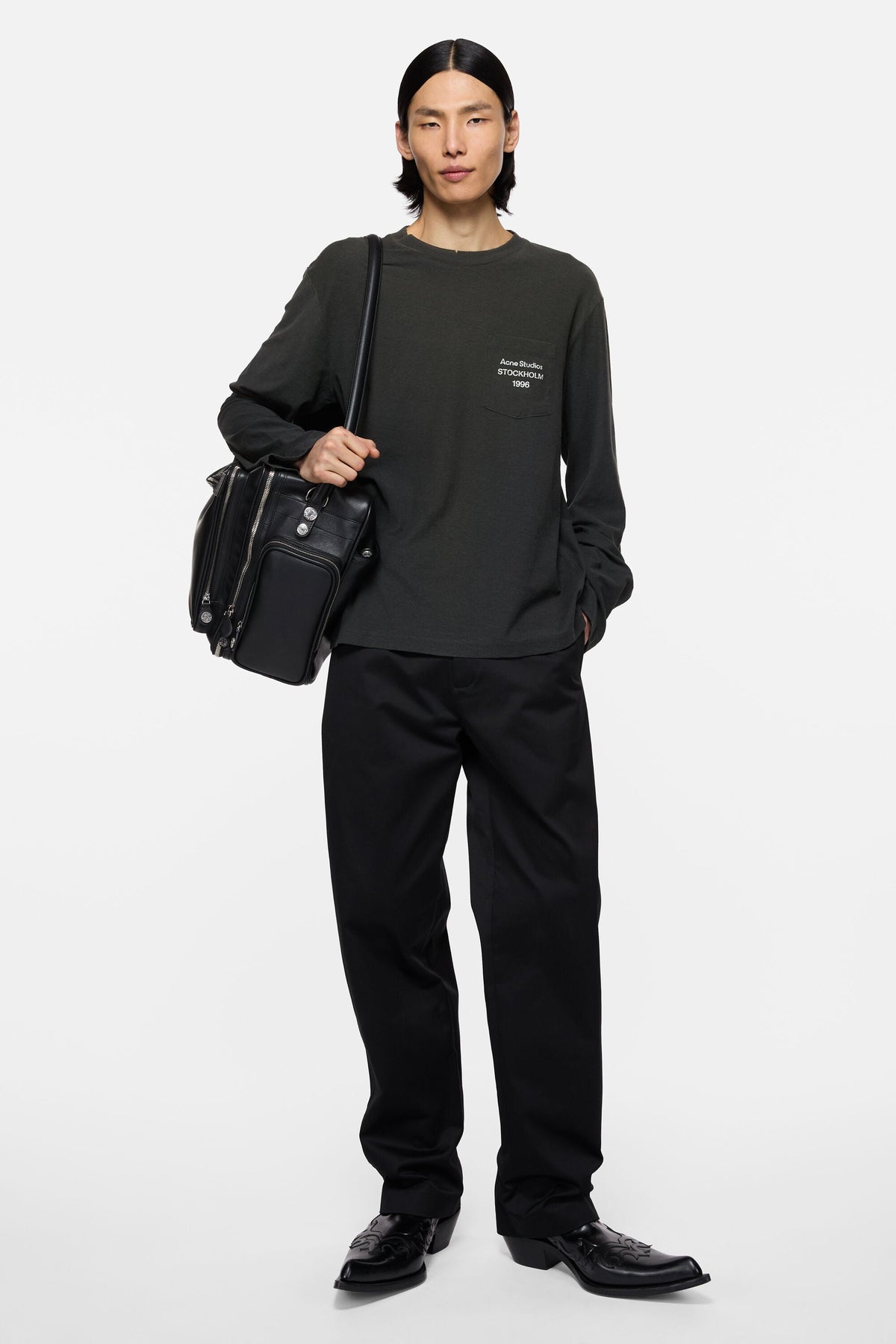 ACNE STUDIOS 1996 POCKET LONG-SLEEVE T-SHIRT — FADED BLACK — styled view
