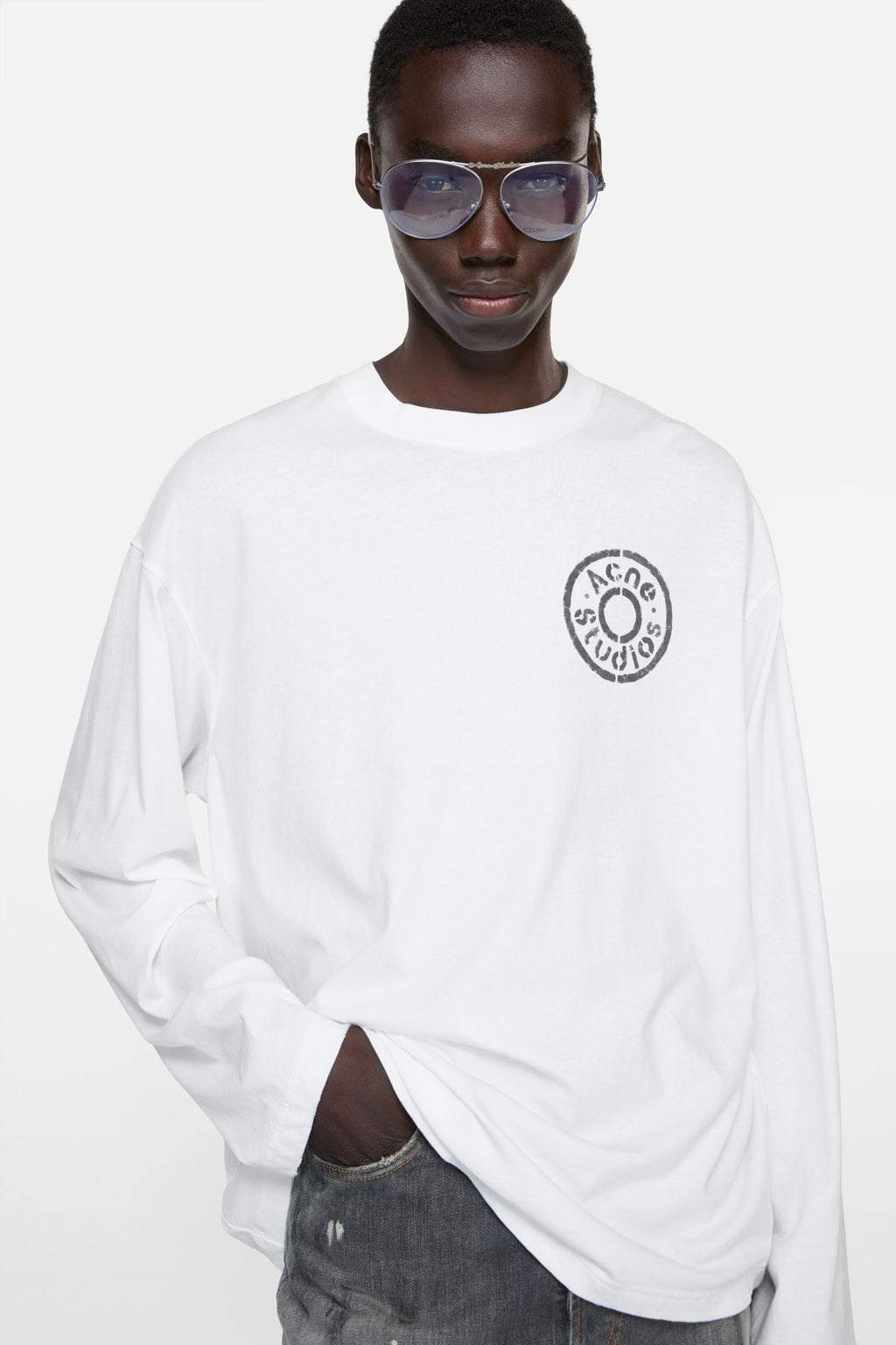 ACNE STUDIOS RIVET LOGO LONG-SLEEVE T-SHIRT — OPTIC WHITE — styled view