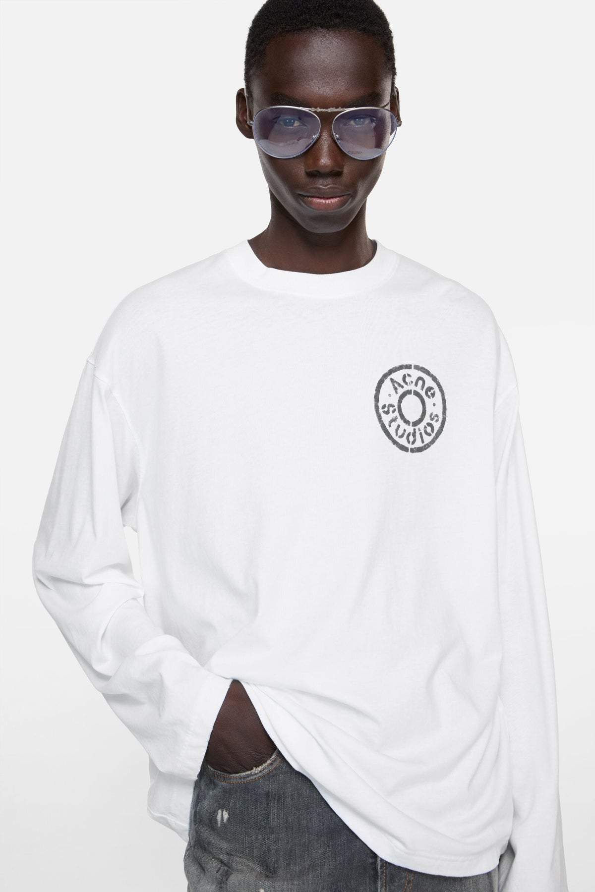 ACNE STUDIOS RIVET LOGO LONG-SLEEVE T-SHIRT — OPTIC WHITE — styled view