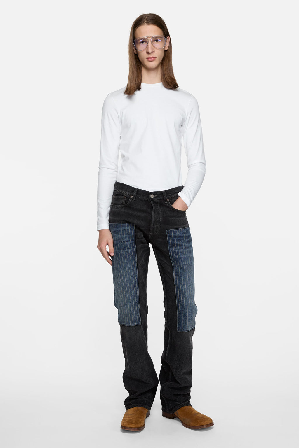ACNE STUDIOS SATIN LABEL LONG-SLEEVE T-SHIRT — OPTIC WHITE — styled view