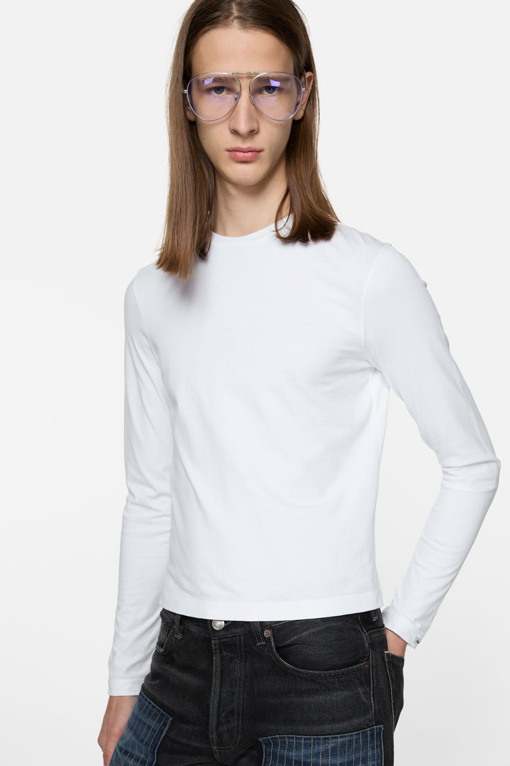 ACNE STUDIOS SATIN LABEL LONG-SLEEVE T-SHIRT — OPTIC WHITE — styled view