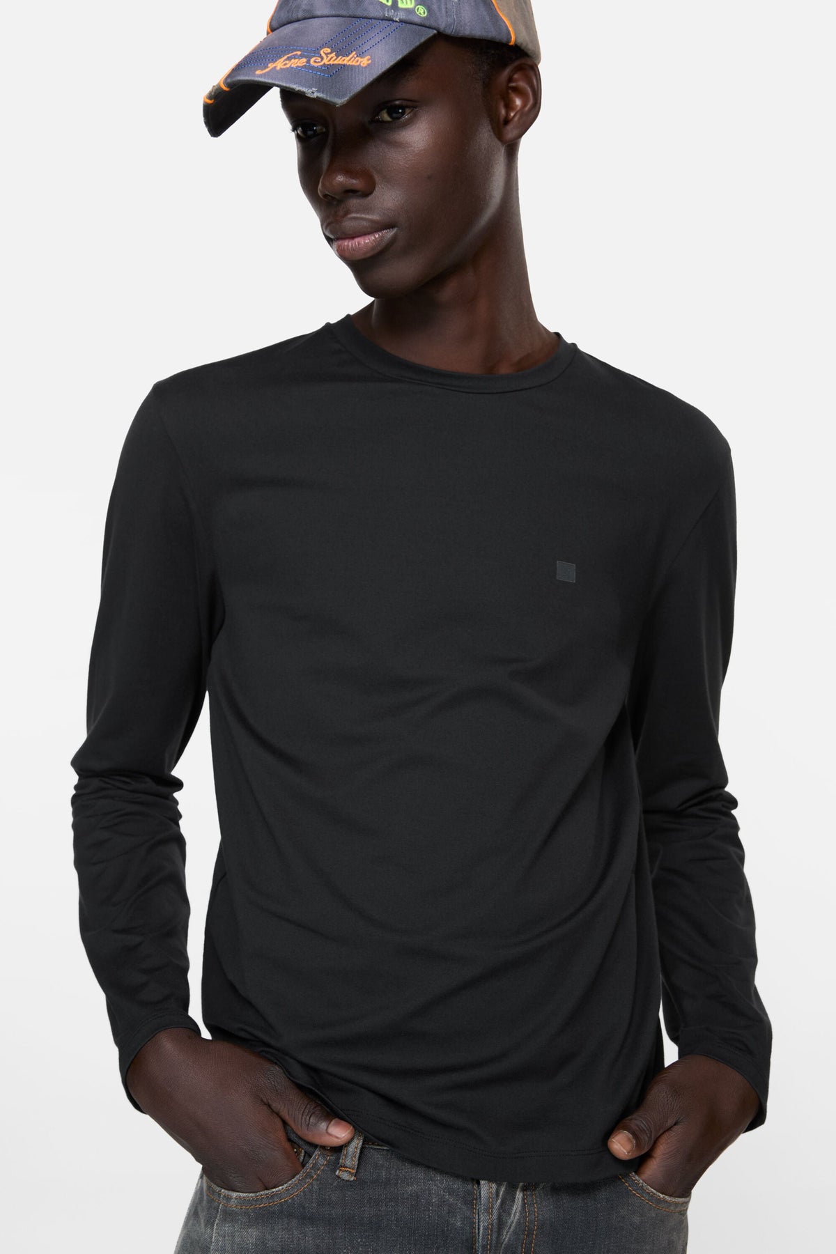 ACNE STUDIOS SEASONAL FACE LONG-SLEEVE T-SHIRT — BLACK — styled view