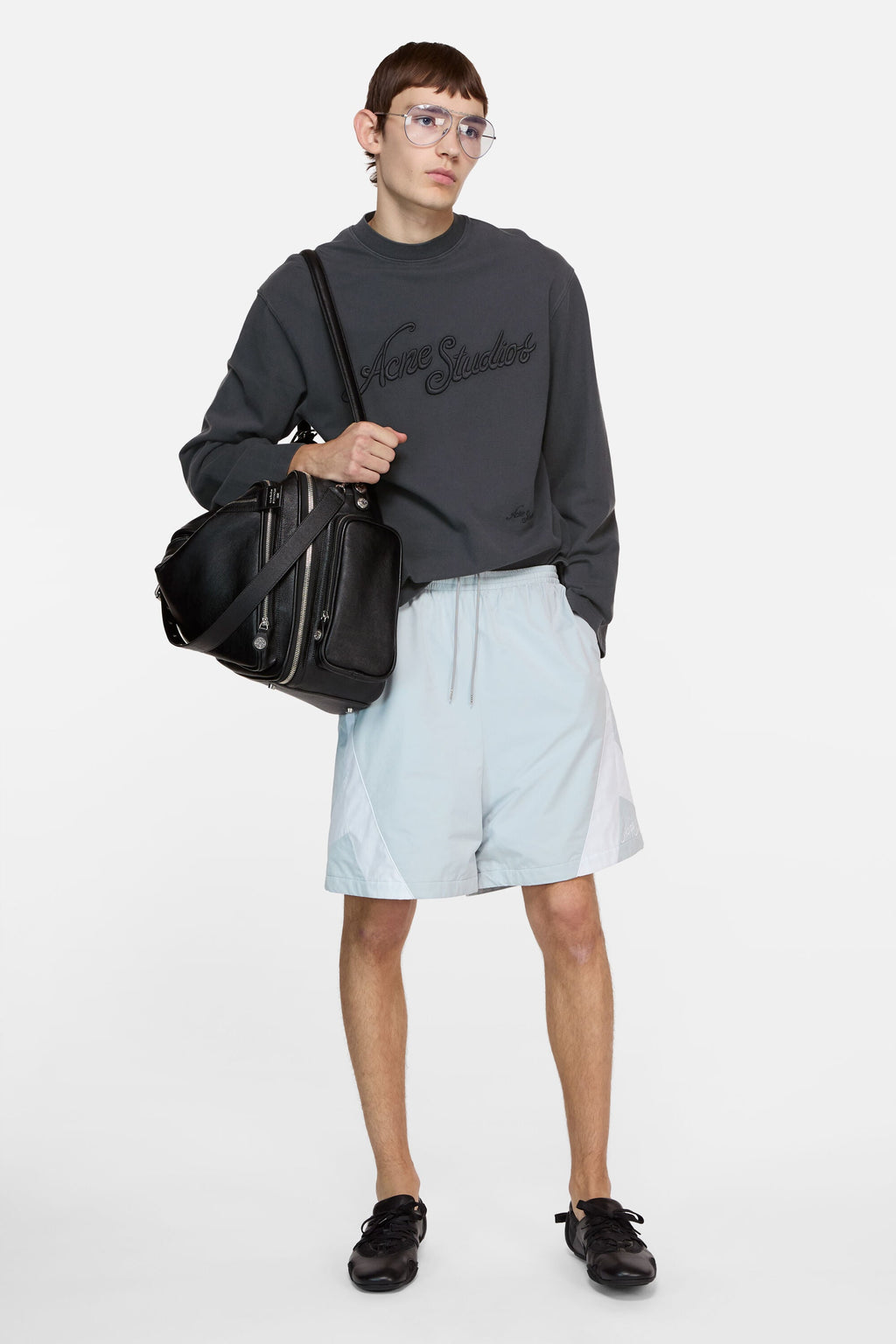 ACNE STUDIOS 3D EMBROIDERED LOGO LONG-SLEEVE T-SHIRT — FADED BLACK — styled view