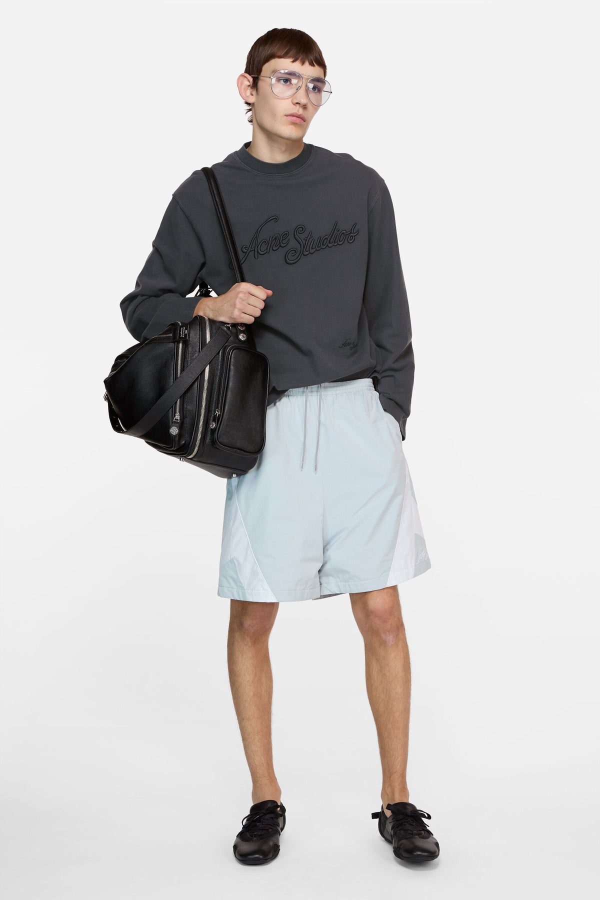 ACNE STUDIOS 3D EMBROIDERED LOGO LONG-SLEEVE T-SHIRT — FADED BLACK — styled view