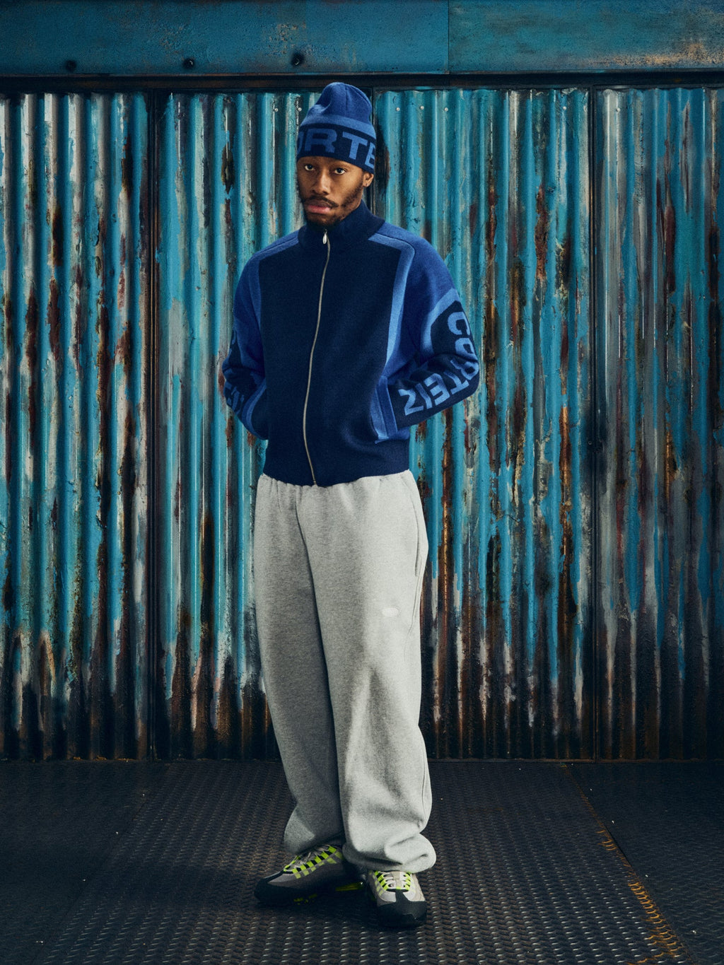 Corteiz Precision Knit Zip-Up — Navy — styled view