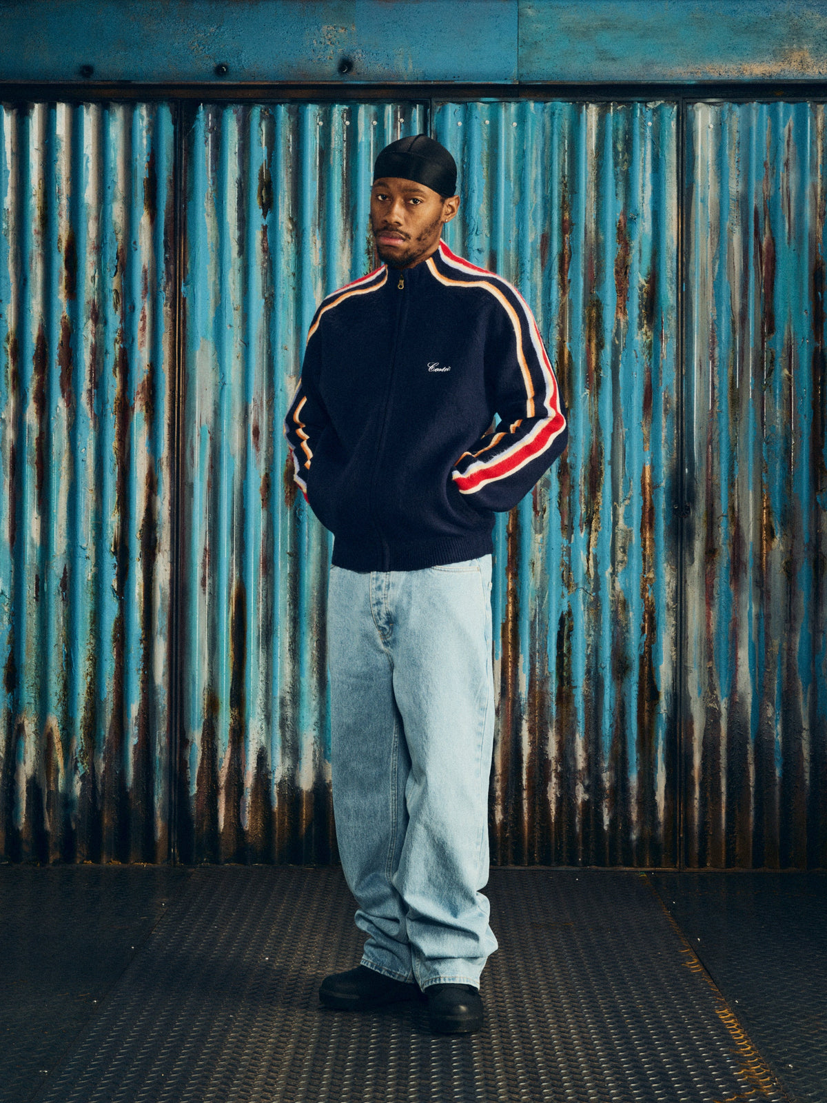 Corteiz Multi Stripe Knit Zip-Up — Navy — styled view