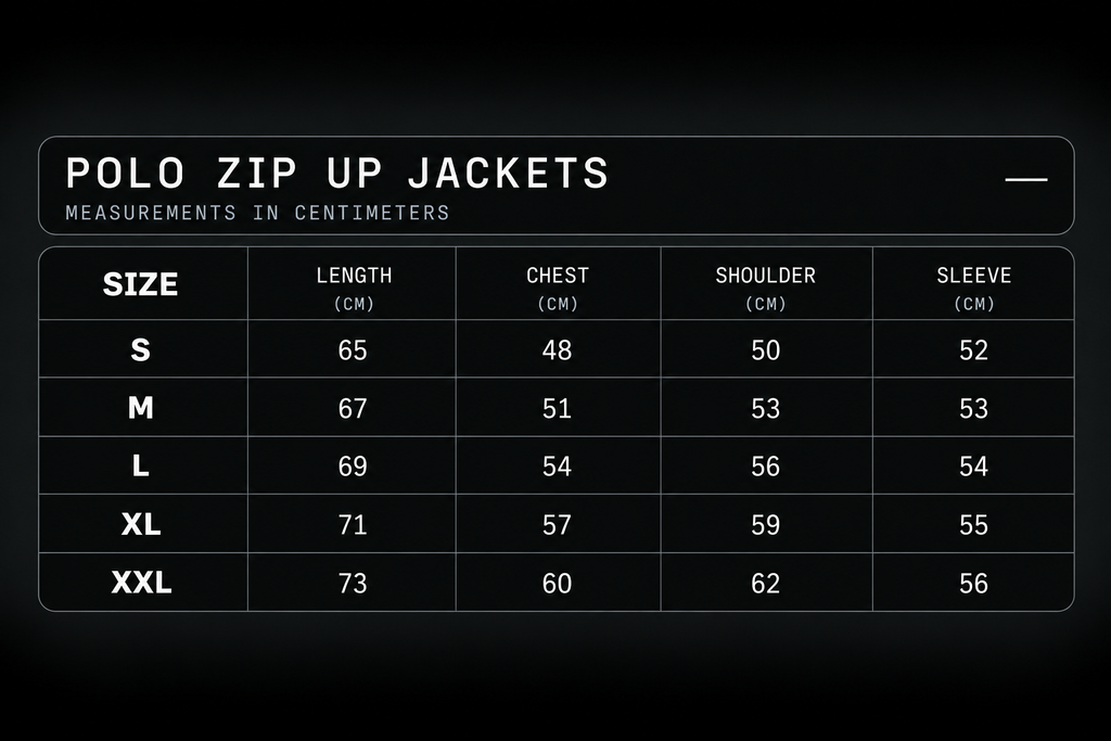 Polo Zip-Up Size Guide — measurements in centimeters, S to XXL