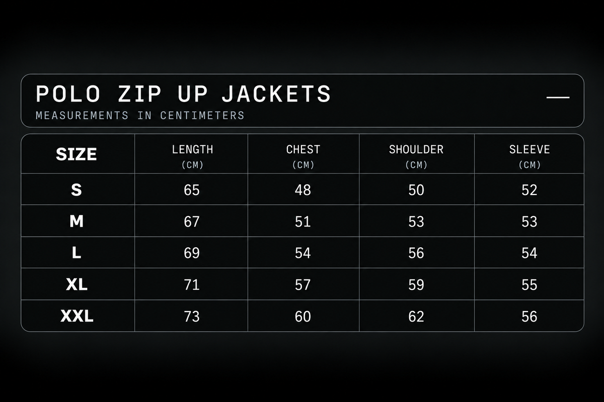 Polo Zip-Up Size Guide — measurements in centimeters, S to XXL