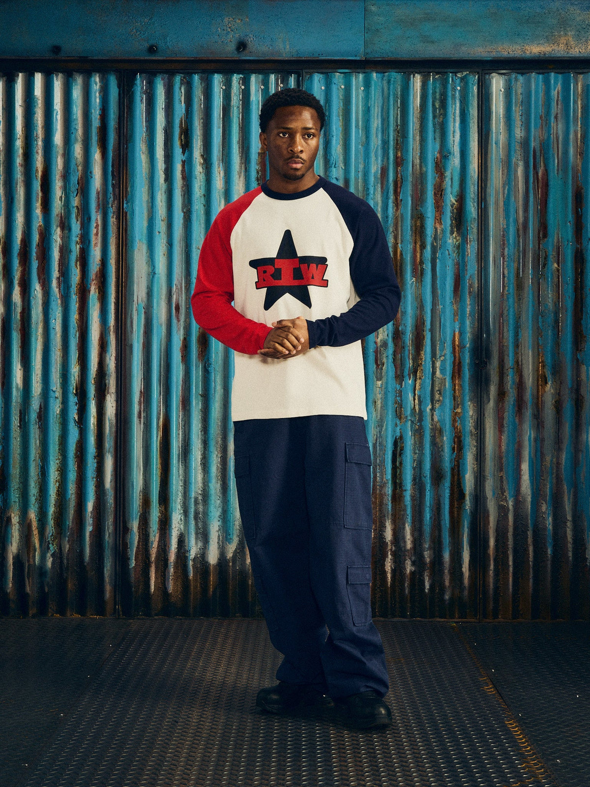 CORTEIZ RTW Star Raglan Long Sleeve — Navy/Red — styled view