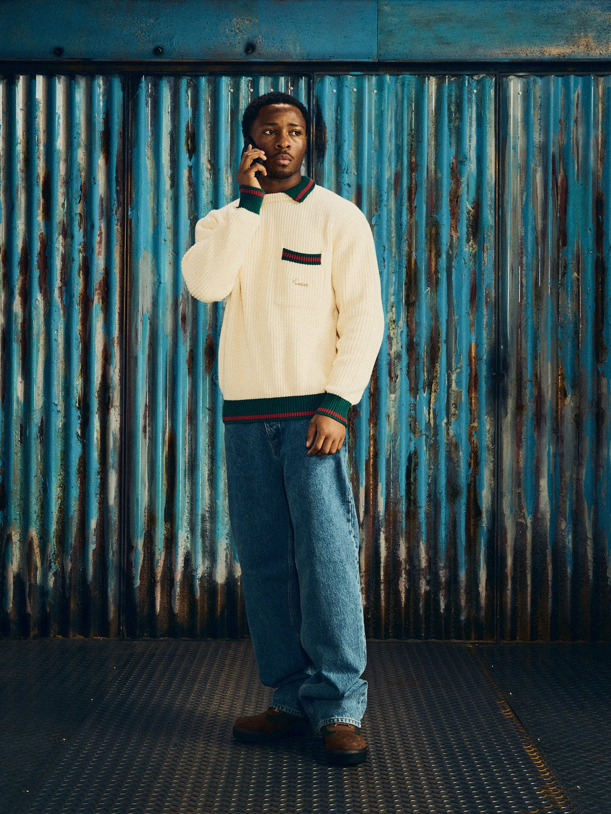 Corteiz Gianni Knit Polo Sweater — Cream — styled view