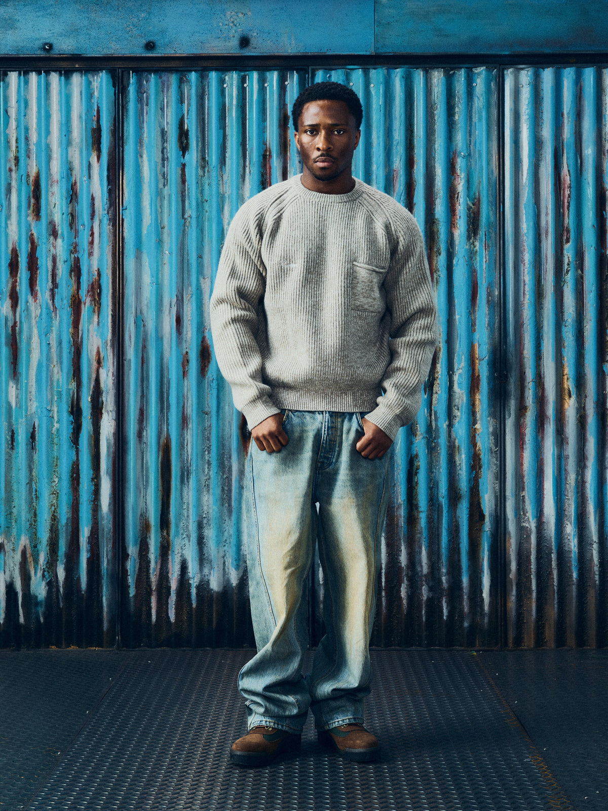 Corteiz Script Pocket Knit Sweater — Oatmeal — styled view
