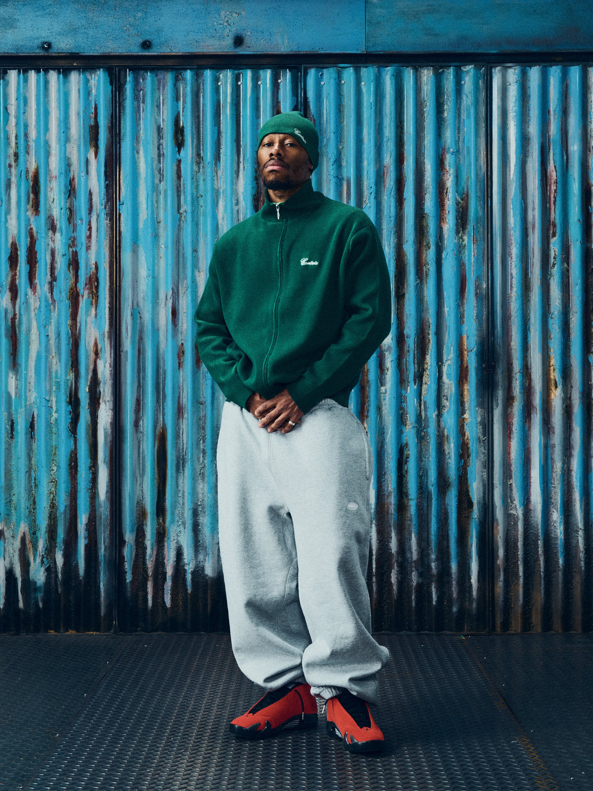 Corteiz 2 Tone Ribbed Knit Zip-Up — Green — styled view