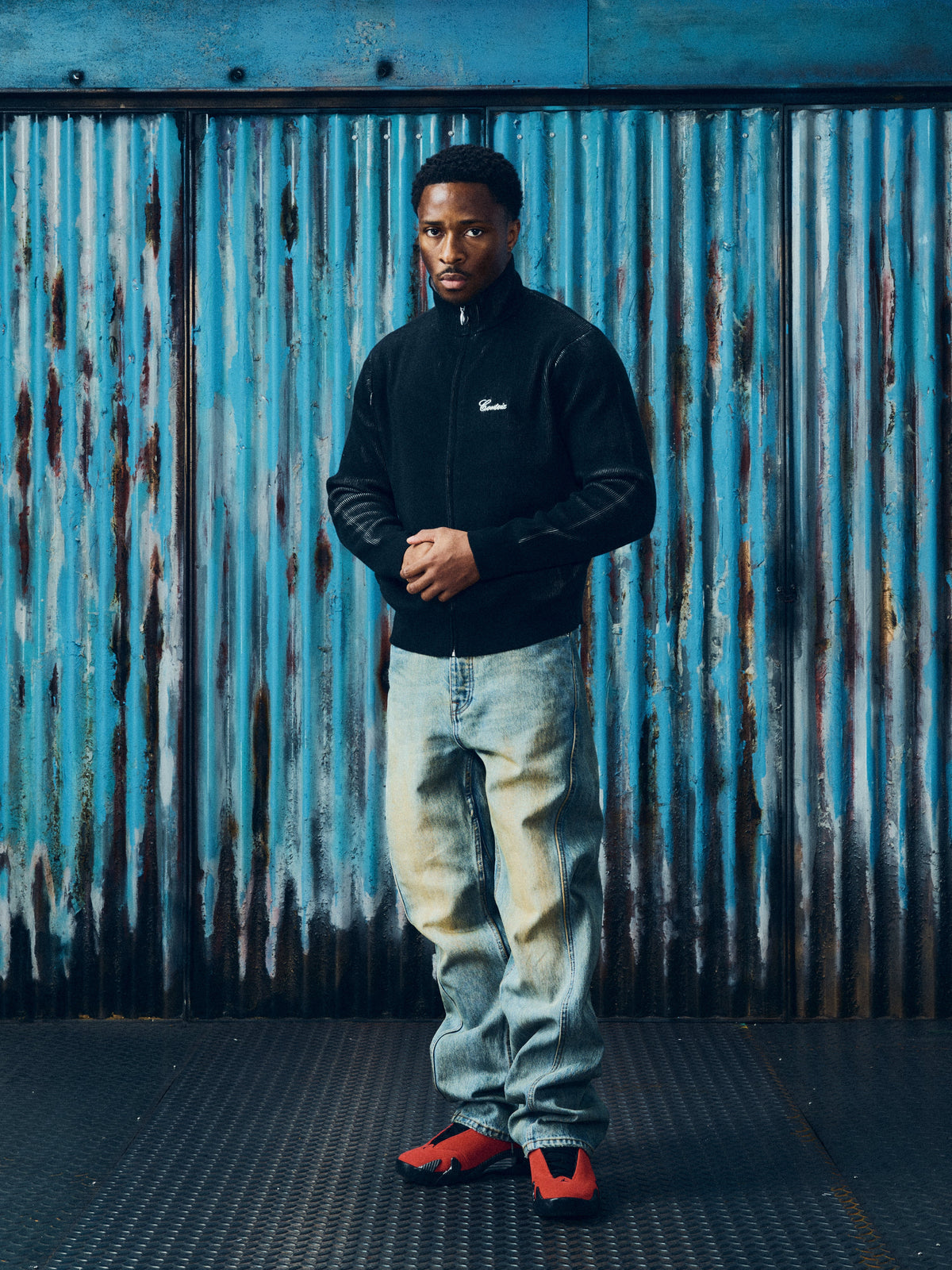 Corteiz 2 Tone Ribbed Knit Zip-Up — Black — styled view