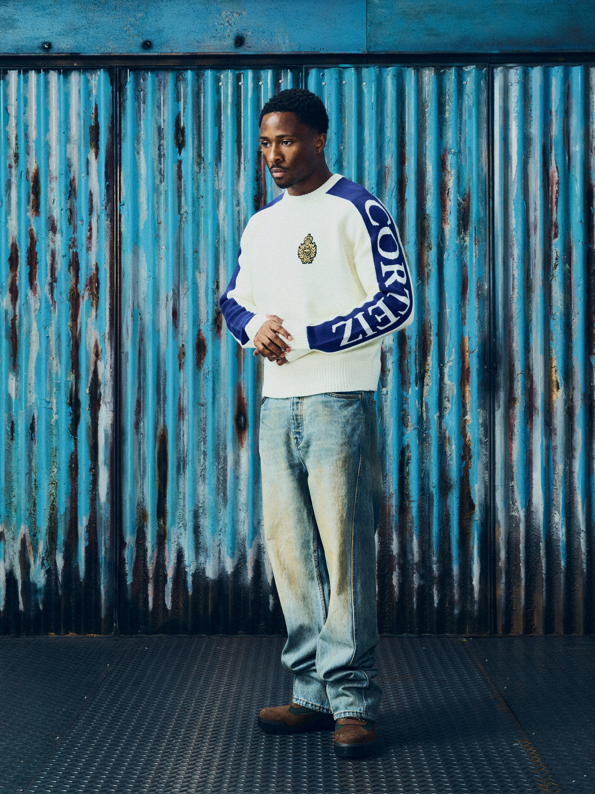 Corteiz VVS Panel Knit Sweater — Cream — styled view