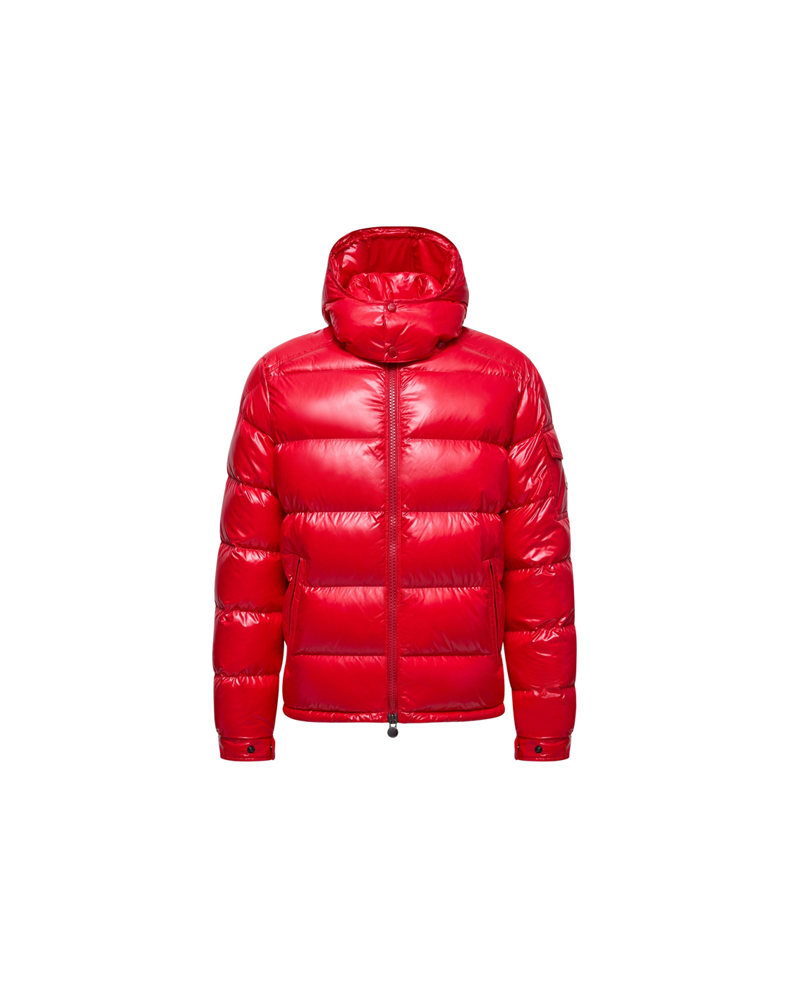 Moncler Maya Glossy Hooded Down Jacket — Red — product view 1
