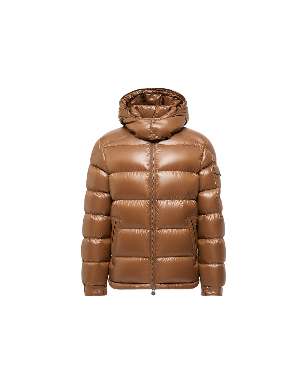 Moncler Maya Glossy Hooded Down Jacket — Beige — product view 1