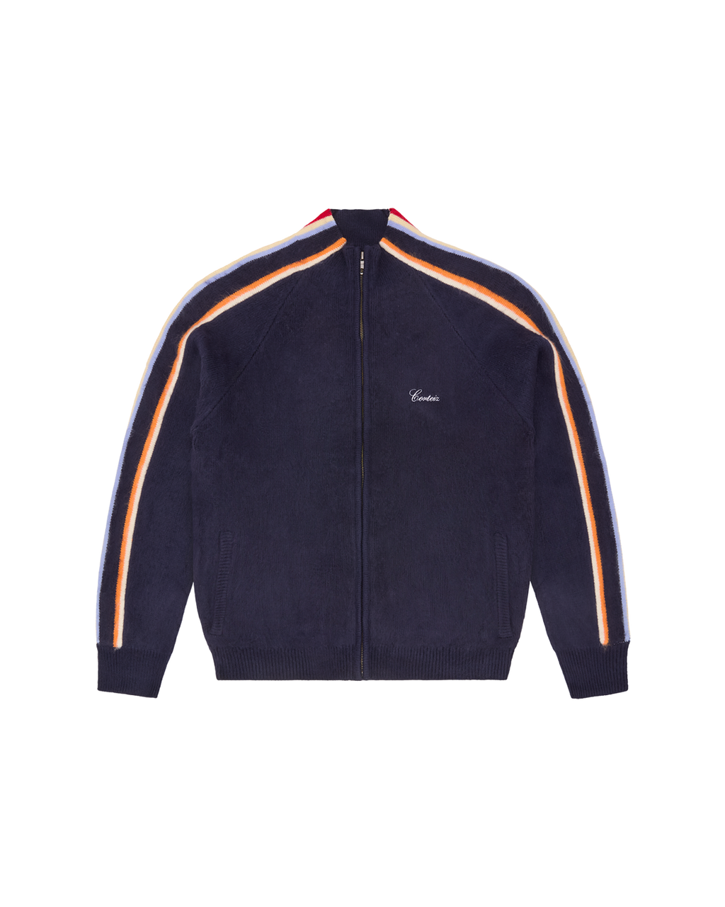 Corteiz Multi Stripe Knit Zip-Up — Navy — front view