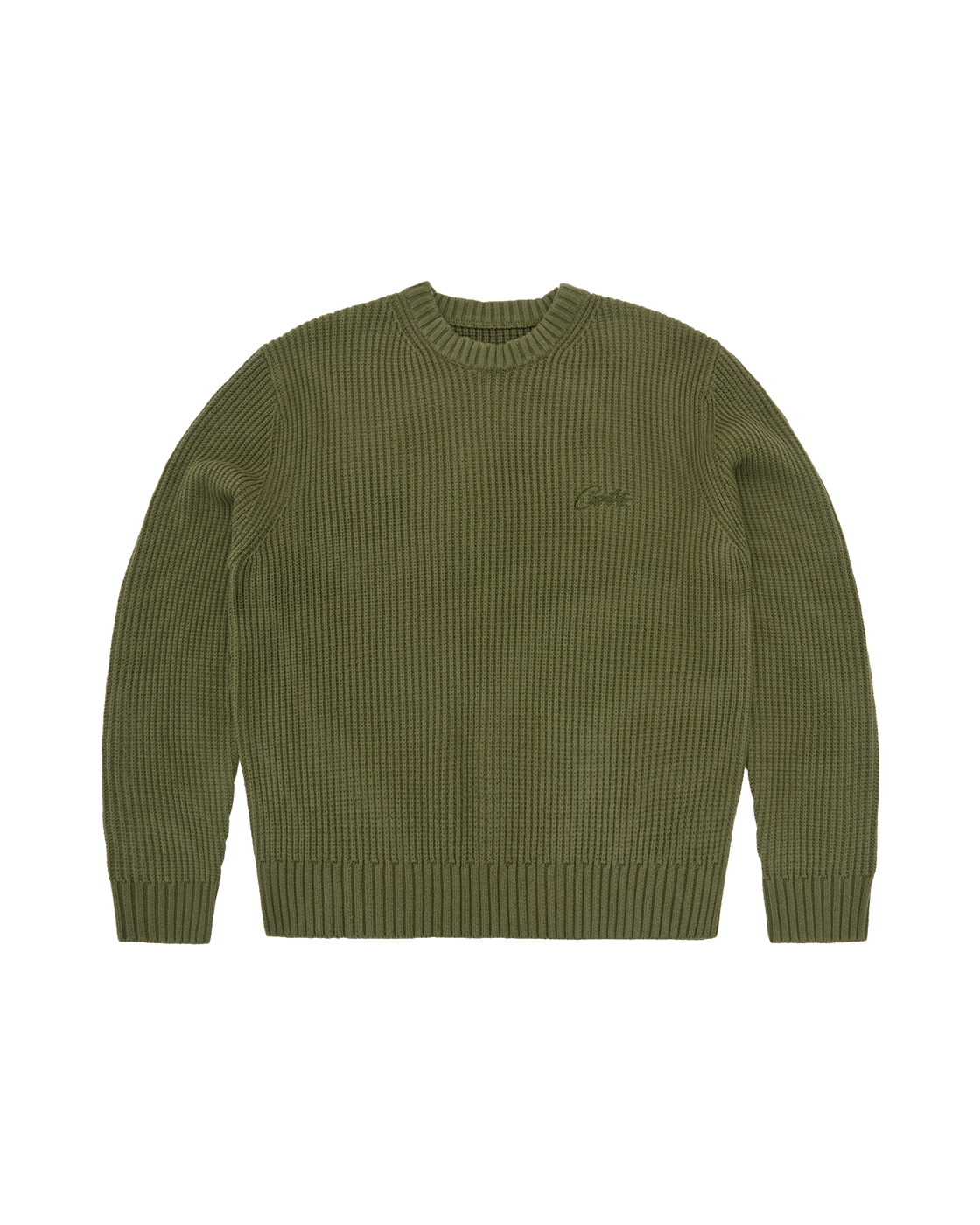 Corteiz Crochet Appliqué Knit Crewneck — Khaki — front view