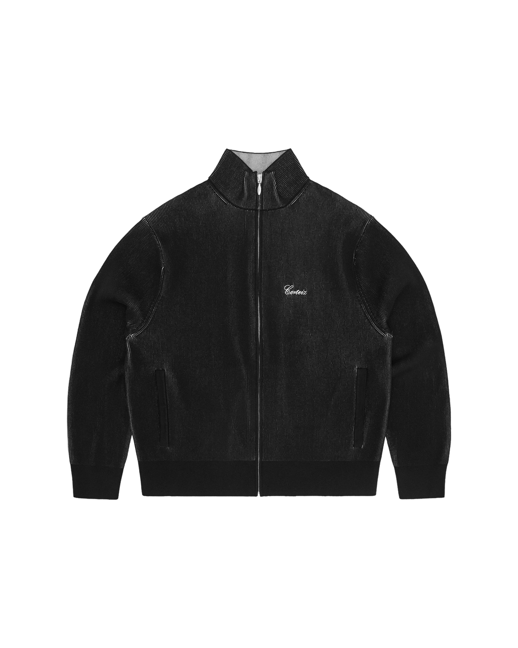 Corteiz 2 Tone Ribbed Knit Zip-Up — Black — front view