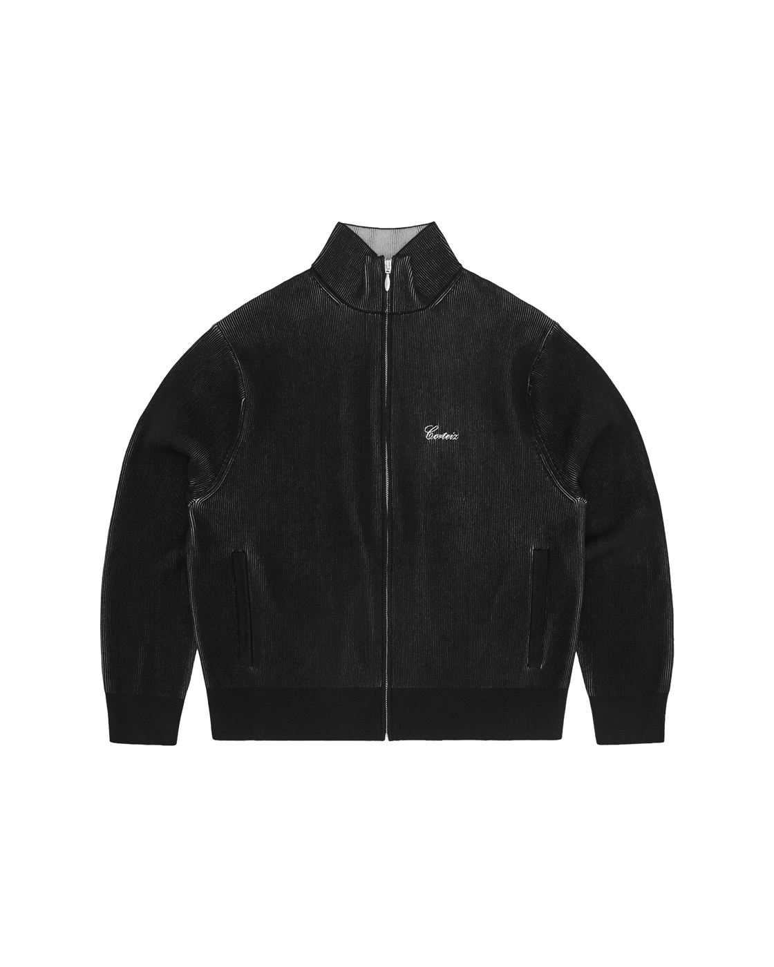Corteiz 2 Tone Ribbed Knit Zip-Up — Black — front view
