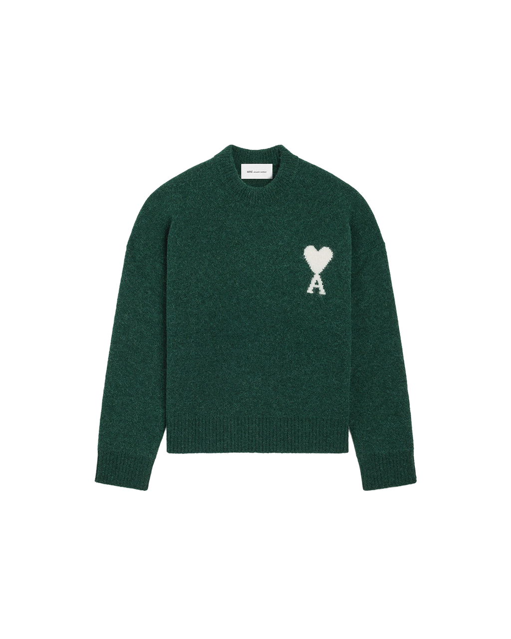 AMI Paris Ami de Cœur Textured Logo Crewneck Sweater — Forest Green / Ivory — front view
