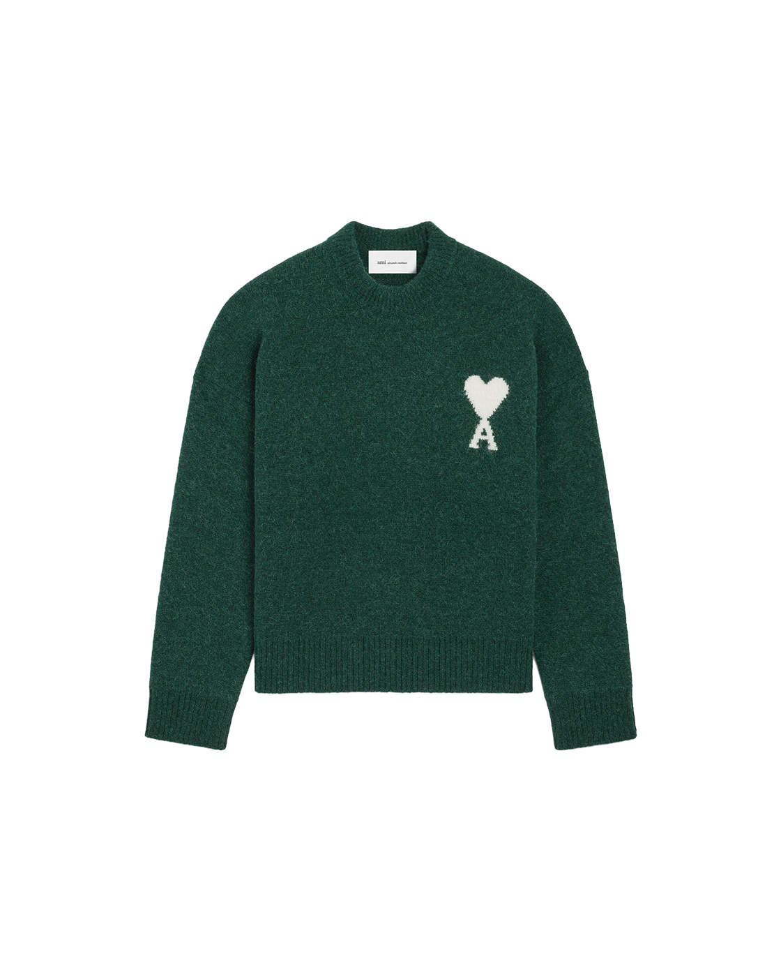 AMI Paris Ami de Cœur Textured Logo Crewneck Sweater — Forest Green / Ivory — front view