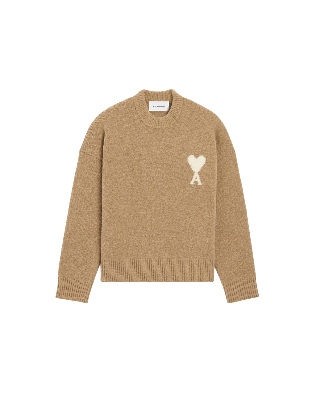 AMI Paris Ami de Cœur Textured Logo Crewneck Sweater — Camel / Ivory — front view