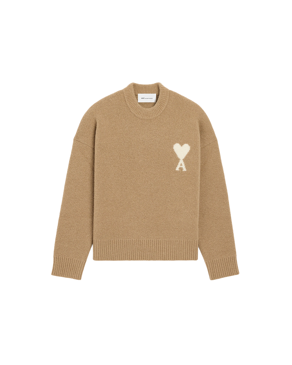 AMI Paris Ami de Cœur Textured Logo Crewneck Sweater — Camel / Ivory — front view