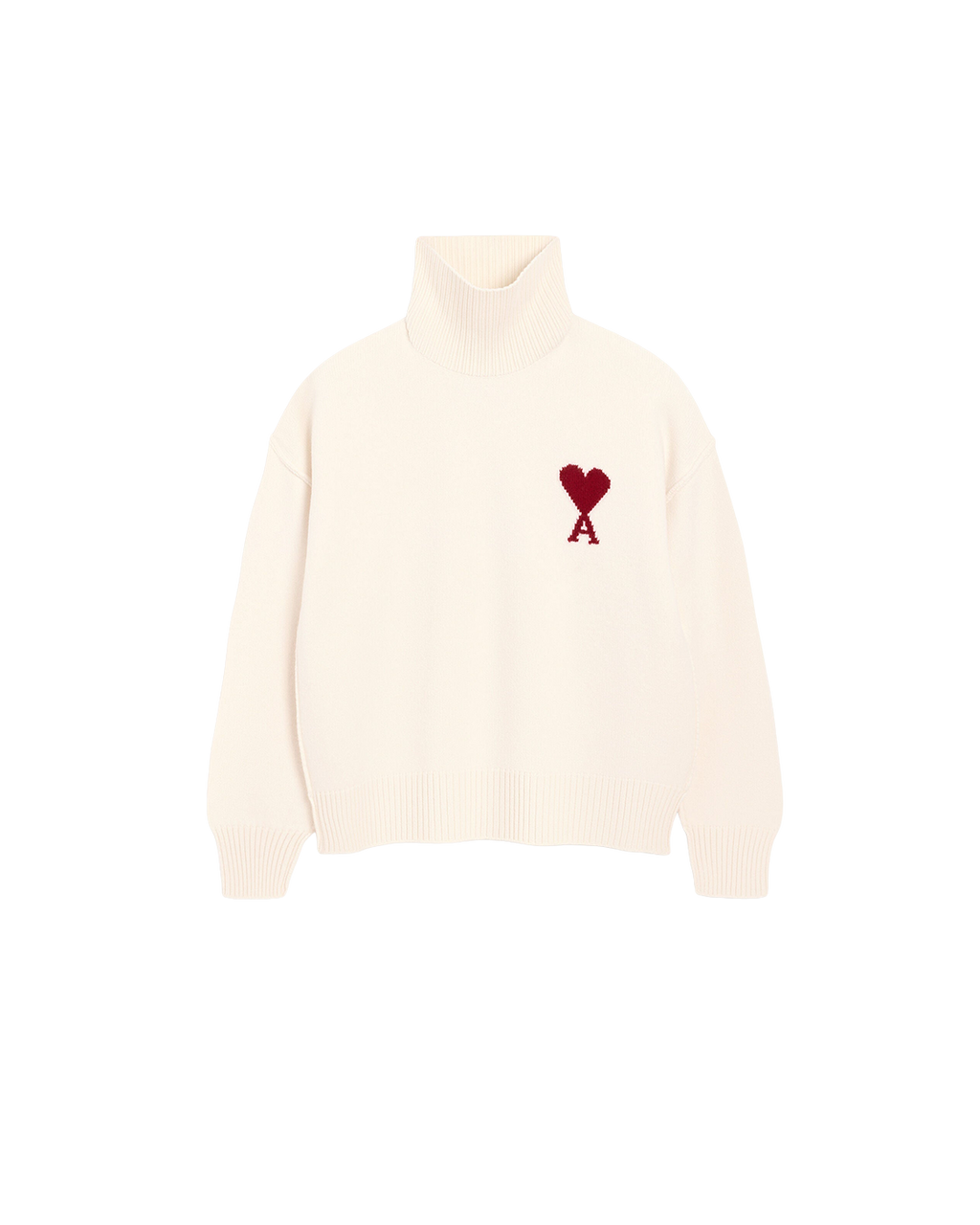 AMI Paris Ami de Cœur Large Logo Funnel Neck Sweater — Ecru / Red — front view