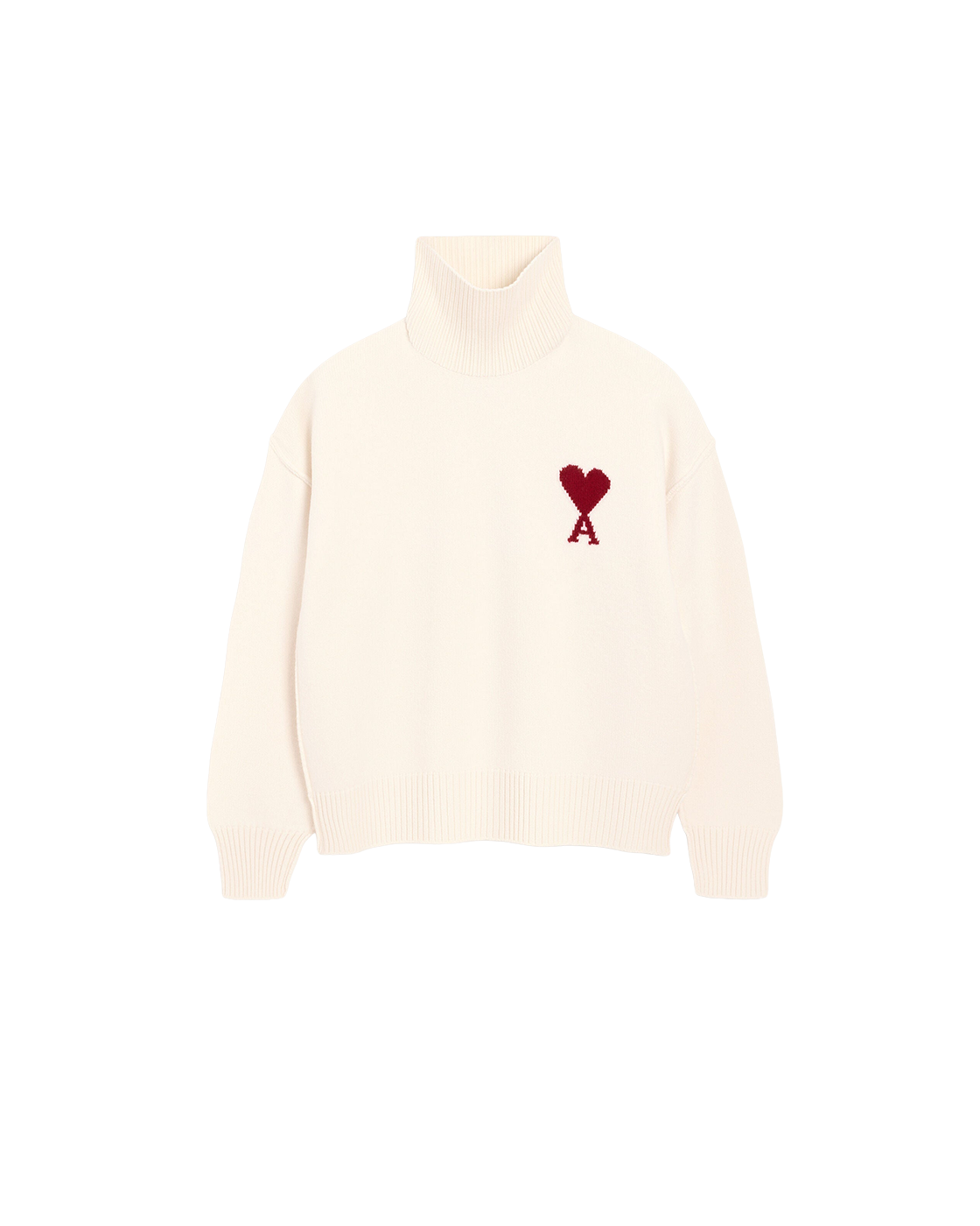 AMI Paris Ami de Cœur Large Logo Funnel Neck Sweater — Ecru / Red — front view
