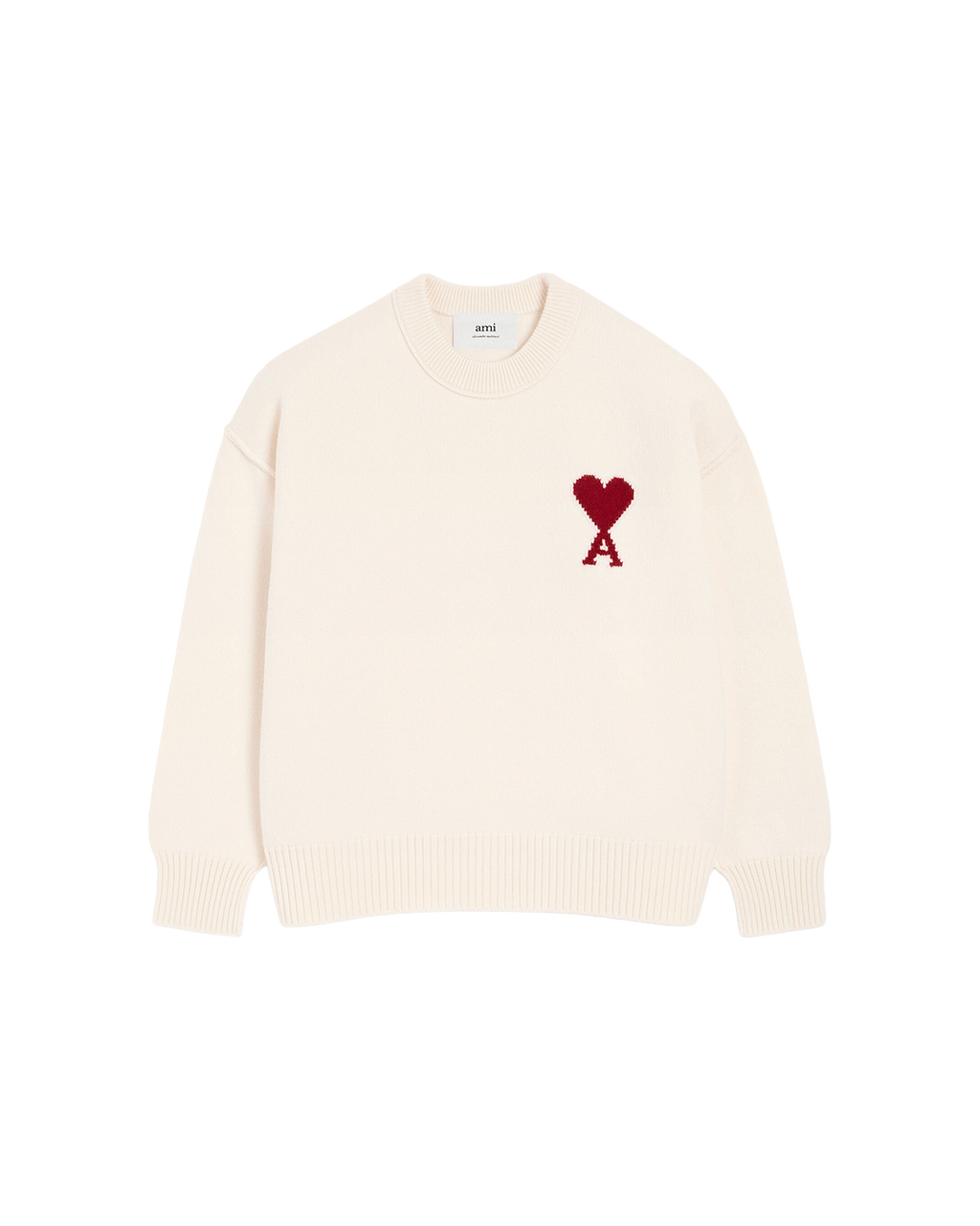 AMI Paris Ami de Cœur Large Logo Crewneck Sweater — Ecru / Red — front view