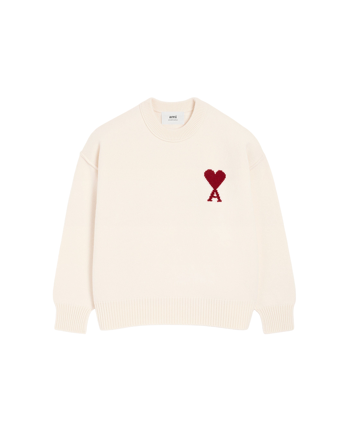 AMI Paris Ami de Cœur Large Logo Crewneck Sweater — Ecru / Red — front view