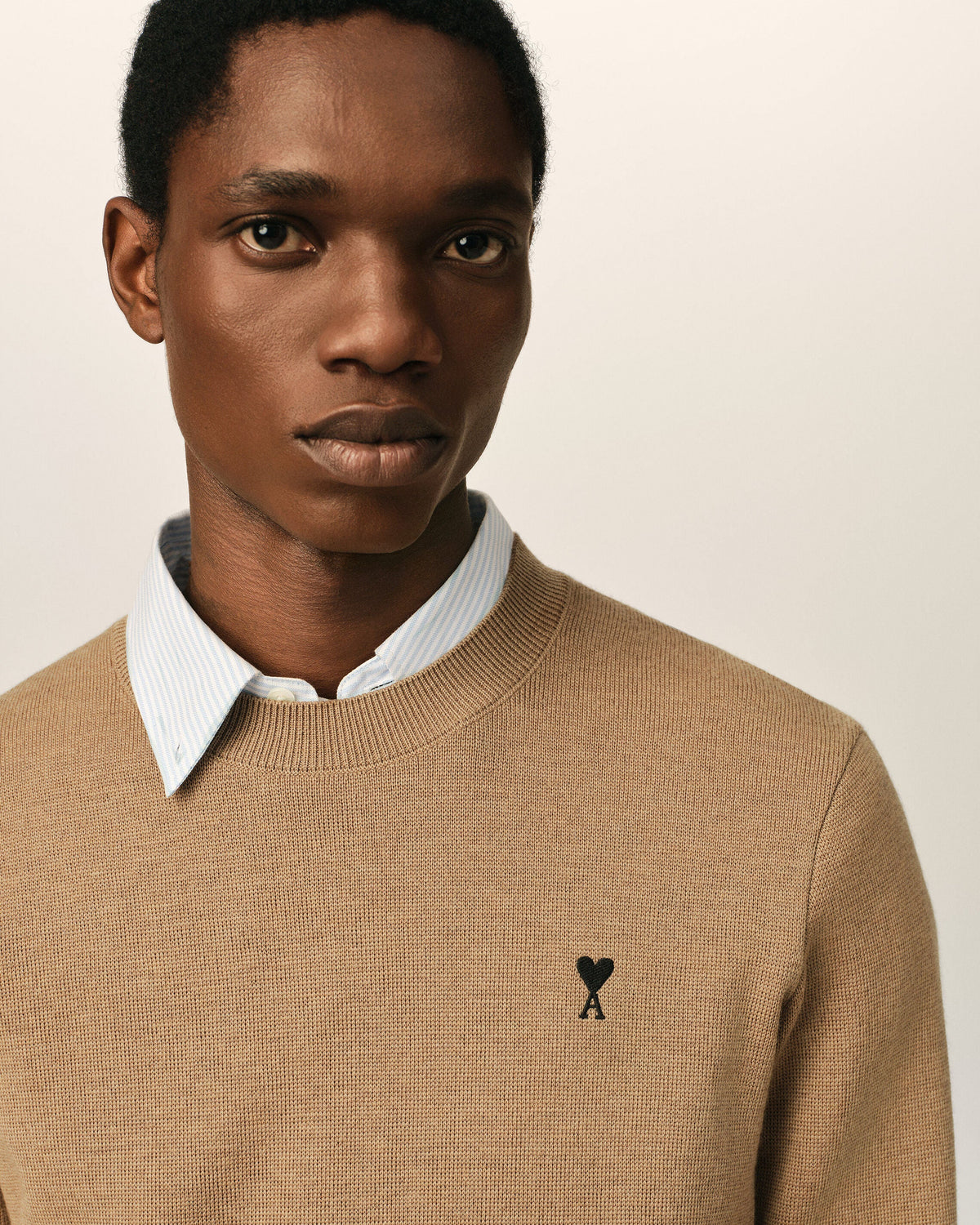 AMI Paris Ami de Cœur Small Logo Crewneck Sweater — Camel / Black — logo and knit detail